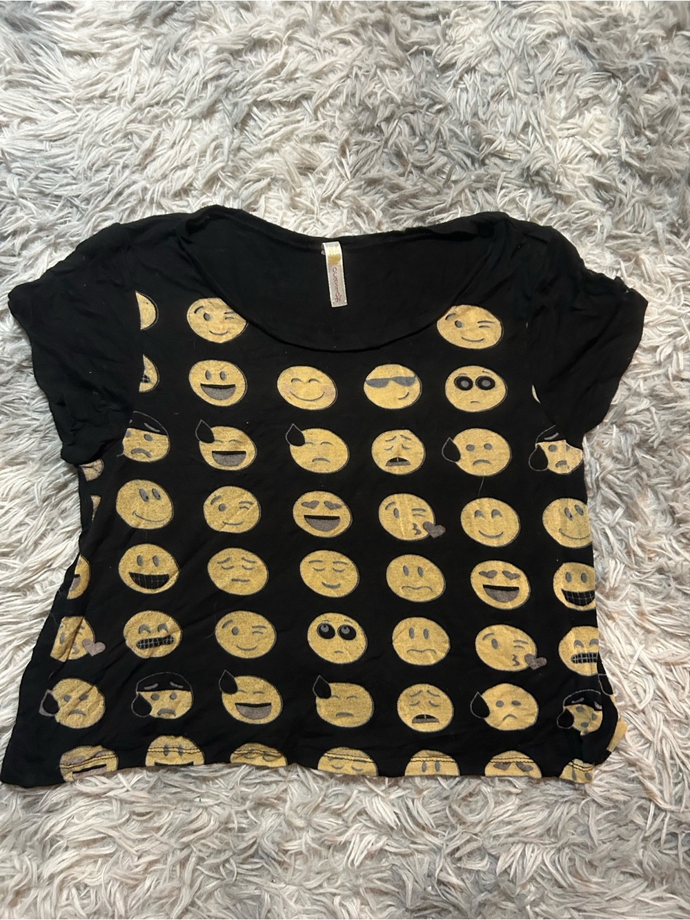 Ocasion Black Short Sleeve Top with Gold Emoji Print